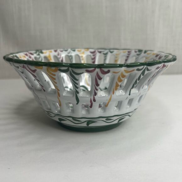 Vtg Horchow Collection Hand Painted Portugal Reticulated Bowl Pierced Faience - Picture 3 of 9